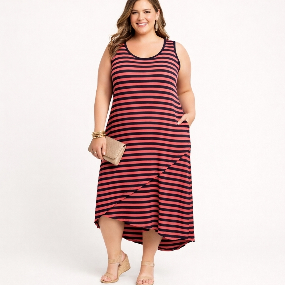 Design History Dress 1X Coral Navy Coral Striped Asymmetrical Midi Sleeveless